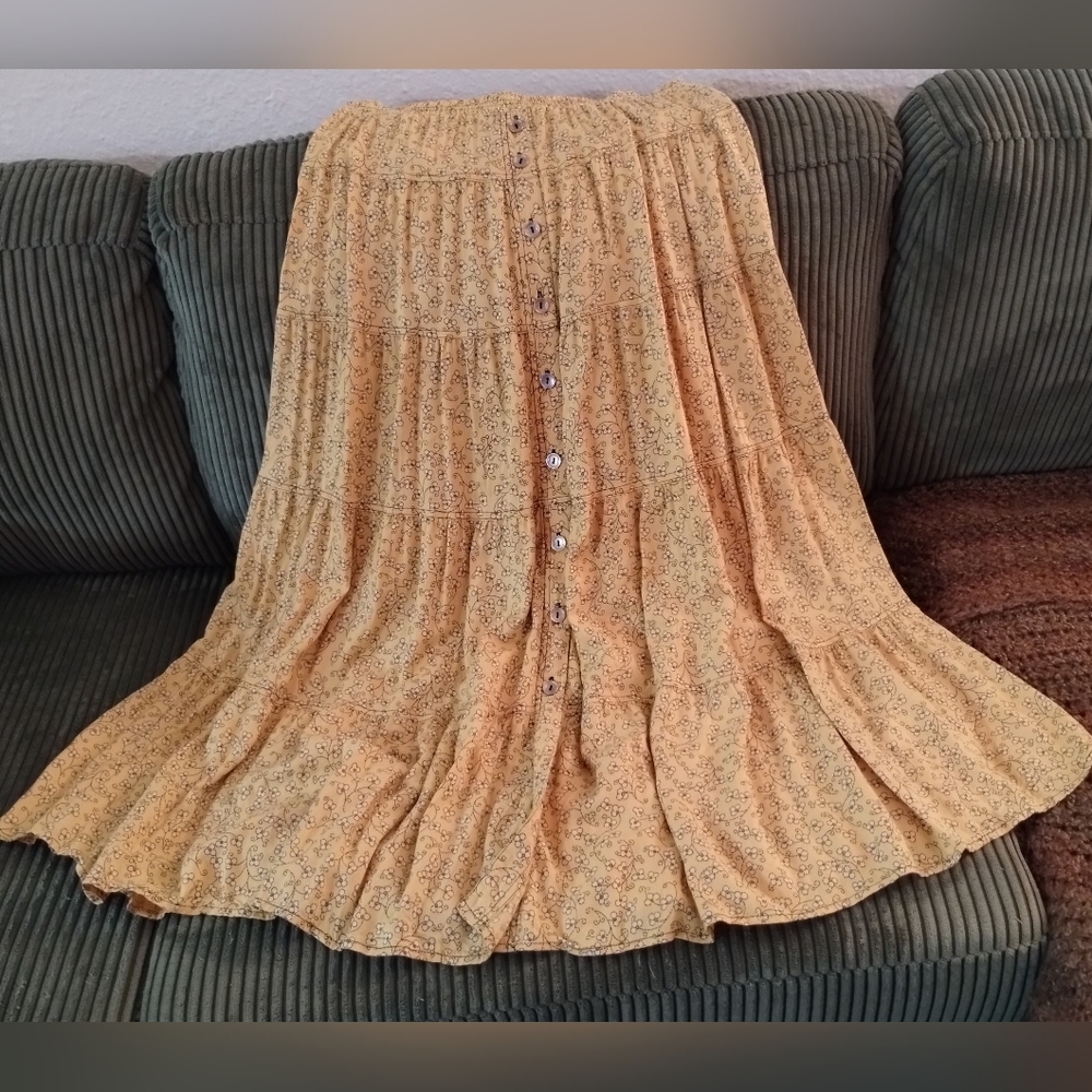 Vintage Carol Little Sport Bohemian Yellow Rayon Cottage Maxi Skirt Size 10